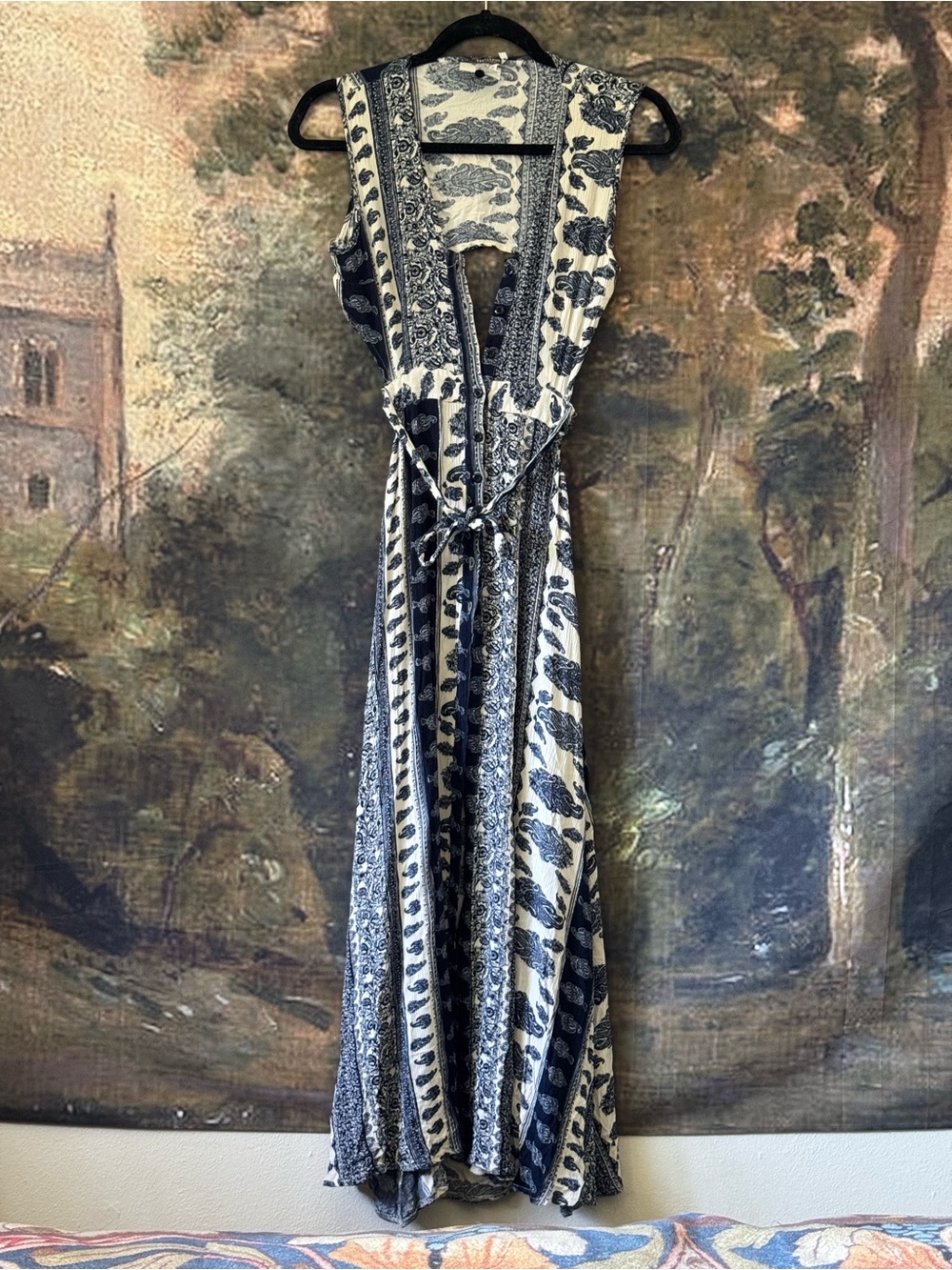 Earthbound Backless Blue and White Maxi Dress with Tie Waist